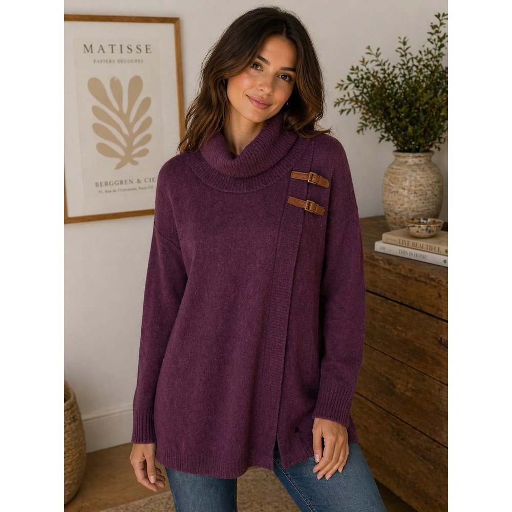 Ellen Tracy Purple 100% Extra Fine Merino Wool Cowl Neck Buckle Sweater Small